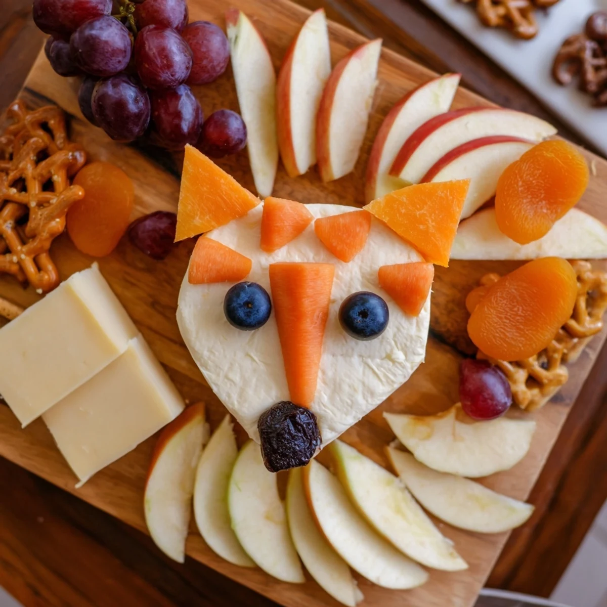 This colorful Whimsical Fox Fall Treat Board showcases sweet and savory snacks, perfect for a fall gathering.