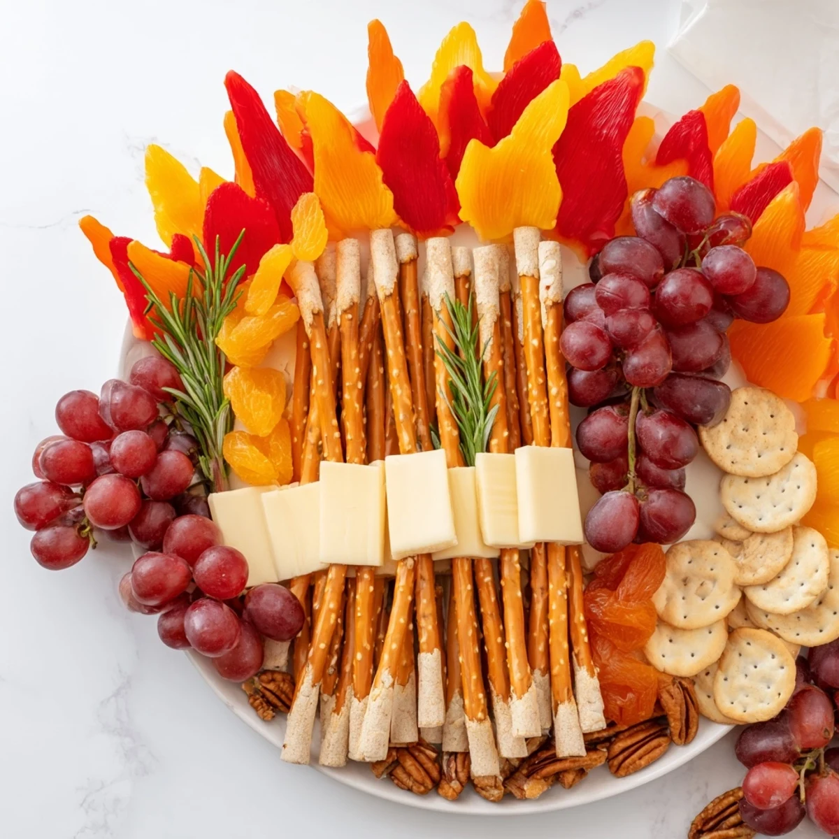 Imagine a vibrant Flickering Fire Log Snack Board with assorted cheeses, fruits, and treats ready to snack on.