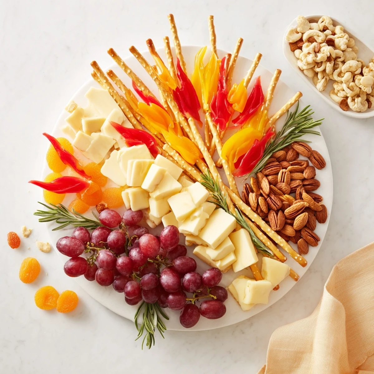 A visually appealing Flickering Fire Log Snack Board with colorful gummy flames and savory snack options is ready.