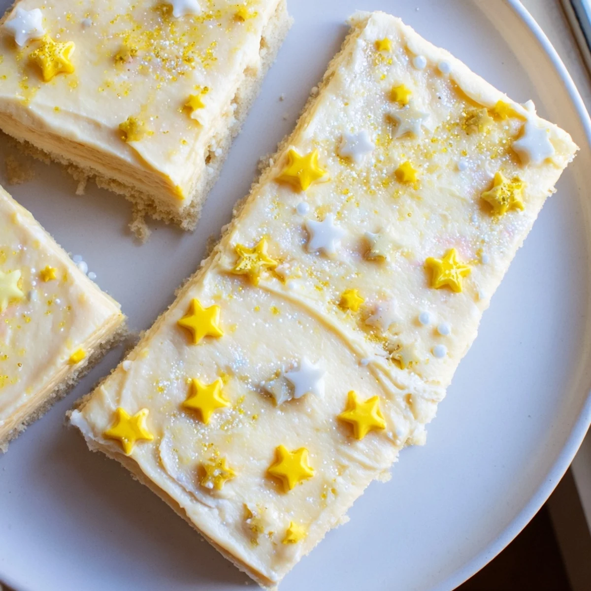 Golden-crusted Twinkle Twinkle Star Dessert Bars, frosted creamy white and shimmering with festive sprinkles.