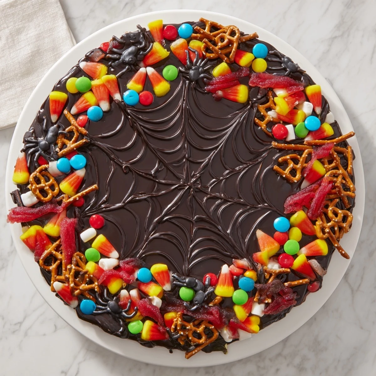Close-up of a festive Spiderweb Candy Platter, brimming with colorful candies and a dark chocolate web.