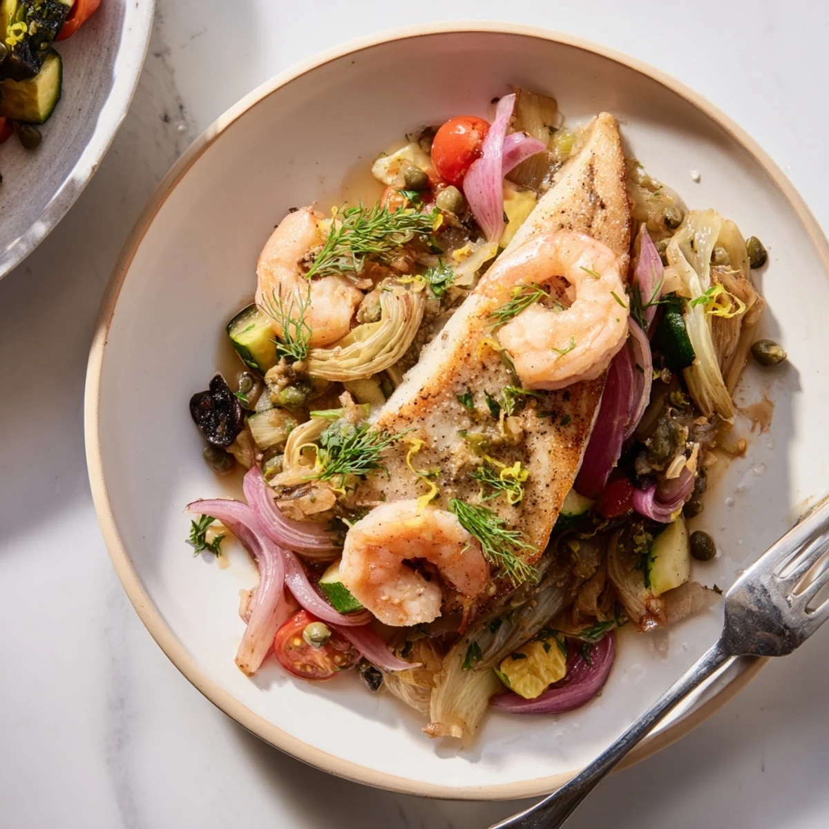 Plongeons dans l'Océan Poisson Bleu showcasing flaky blue fish with vibrant tomatoes and fresh herbs.