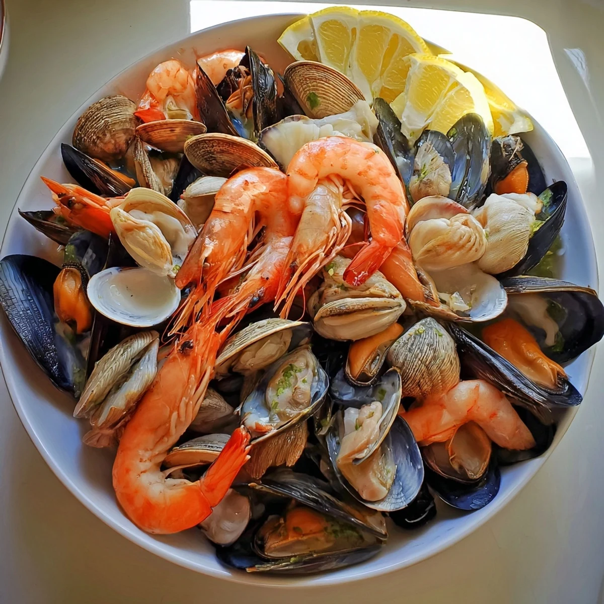 Steaming hot Shellfish & Seafood Medley overflowing with colorful shrimp, mussels, and clams, ready to serve.