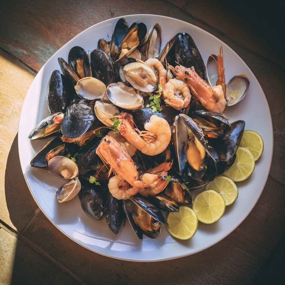 Freshly steamed Shellfish & Seafood Medley, a French feast, garnished with bright green parsley, perfect appetizer.