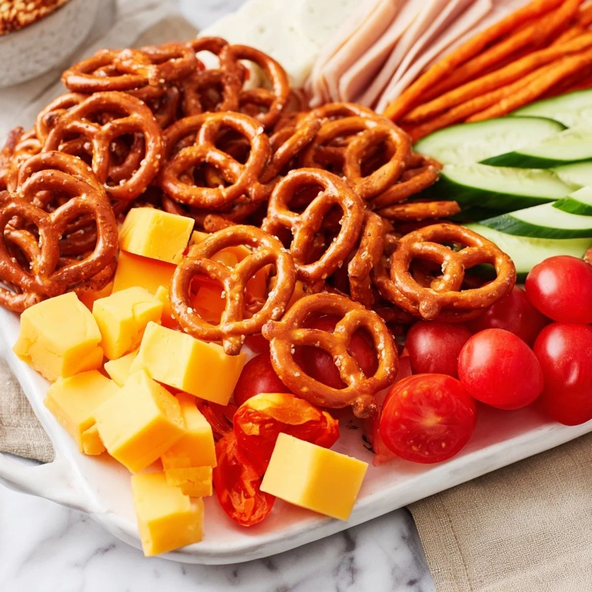 A colorful Renard Rusé Snack Assortment, filled with pretzels, cheeses, and fresh vegetables ready to enjoy.