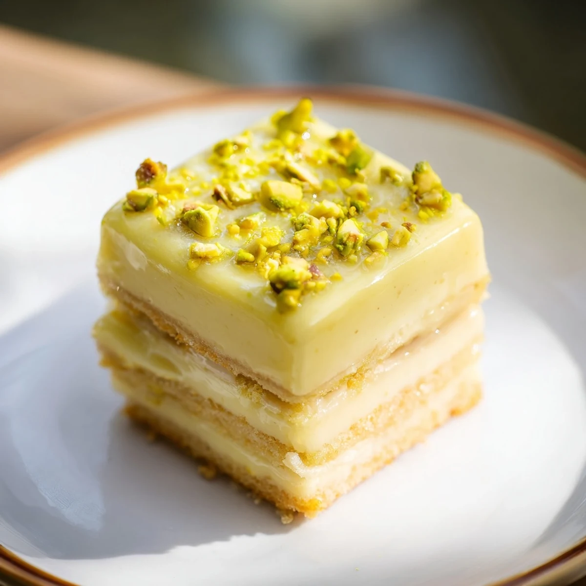 Delectable Grenouille Royale Petits Fours, frosted with citrus glaze and sprinkled with chopped pistachios—a perfect treat.