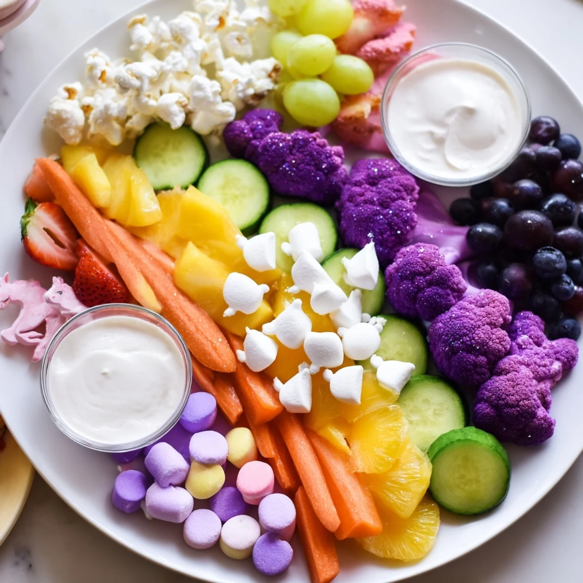 Vibrant Magical Unicorn Rainbow Snack Board displaying colorful fruit, veggies, dips, and marshmallows for dipping.