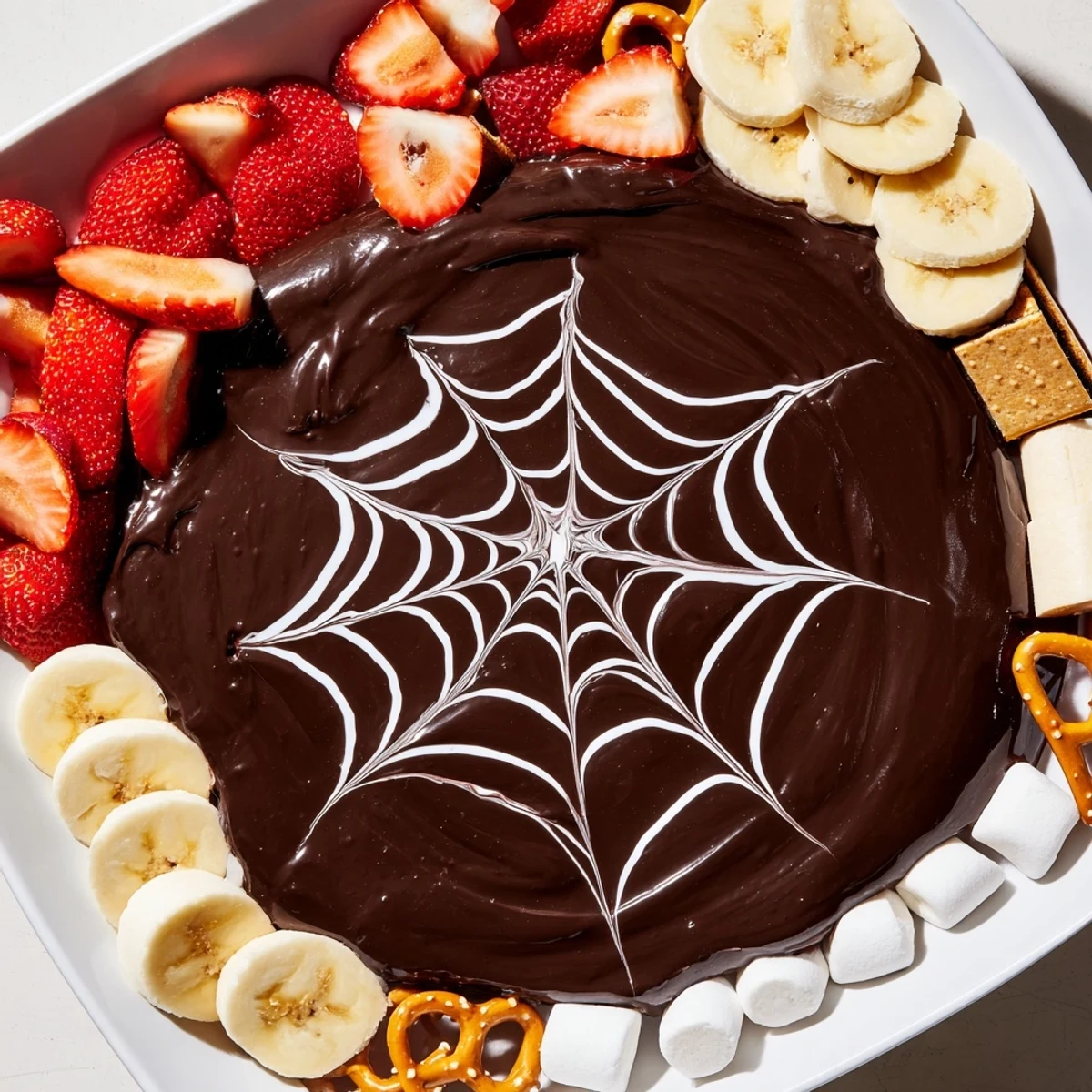 Rich, dark chocolate Spiderweb Chocolate Ganache Board with a delicate white spiderweb design.