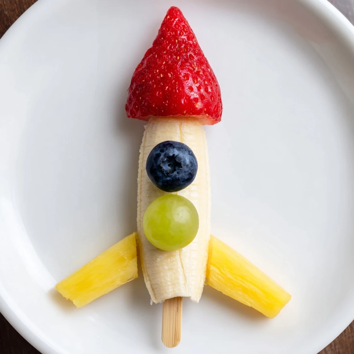 Bright red strawberry tips atop fun Rocket Ship Fruit Skewers are ready for eating.