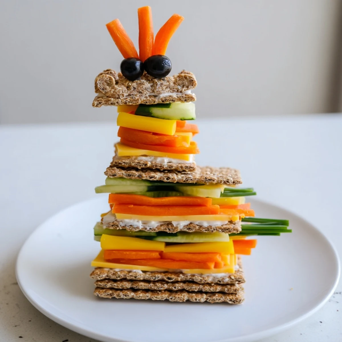 Giraffe Tall Cracker Stack featuring layers of cheese, colorful veggies, and a cute olive giraffe head.