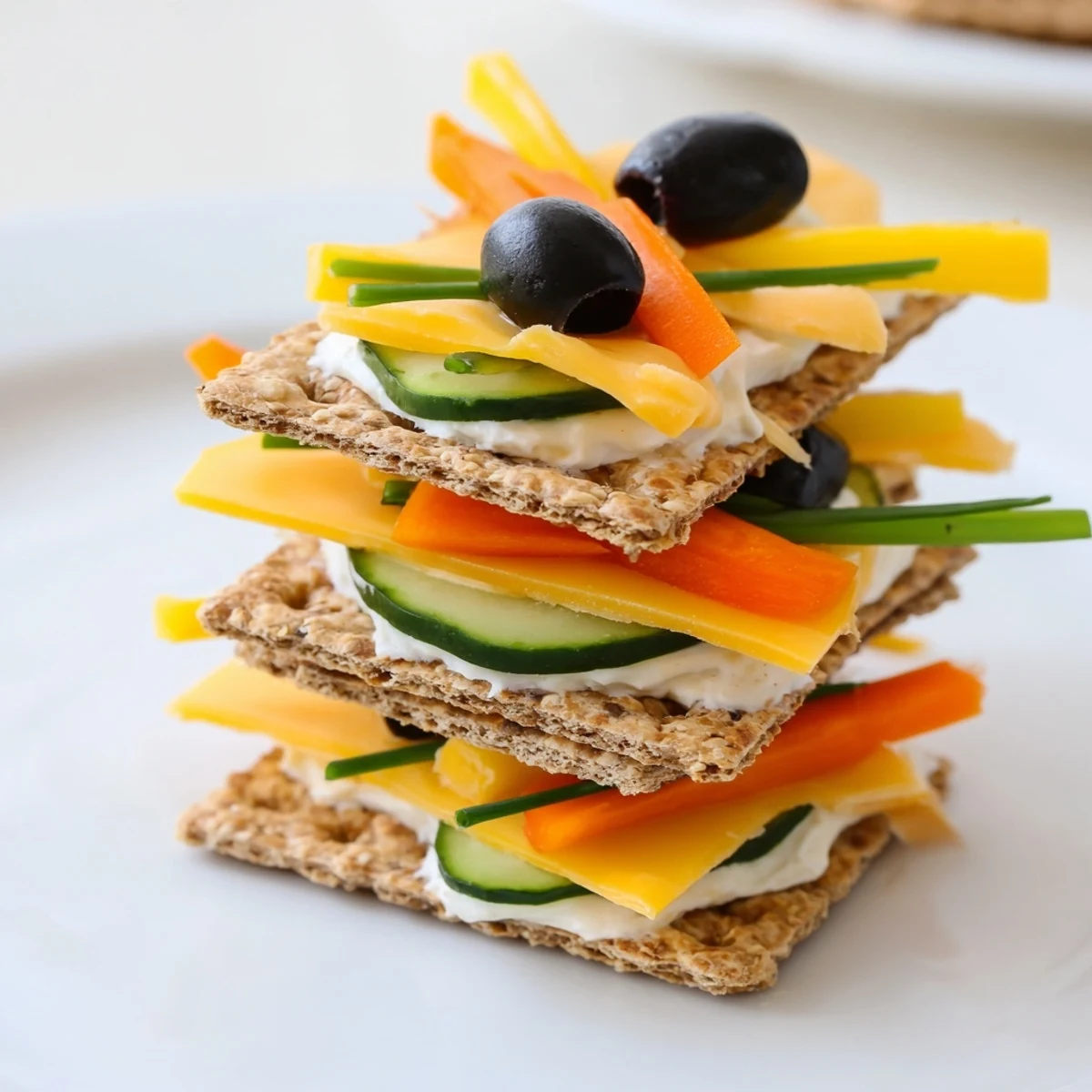 Enjoy the playful, towering Giraffe Tall Cracker Stack, a delightful vegetarian snack creation.