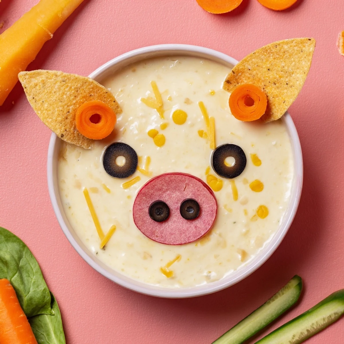 A fun-filled party appetizer with a Piggy Face Dip bowl, surrounded by colorful vegetables and pretzels.