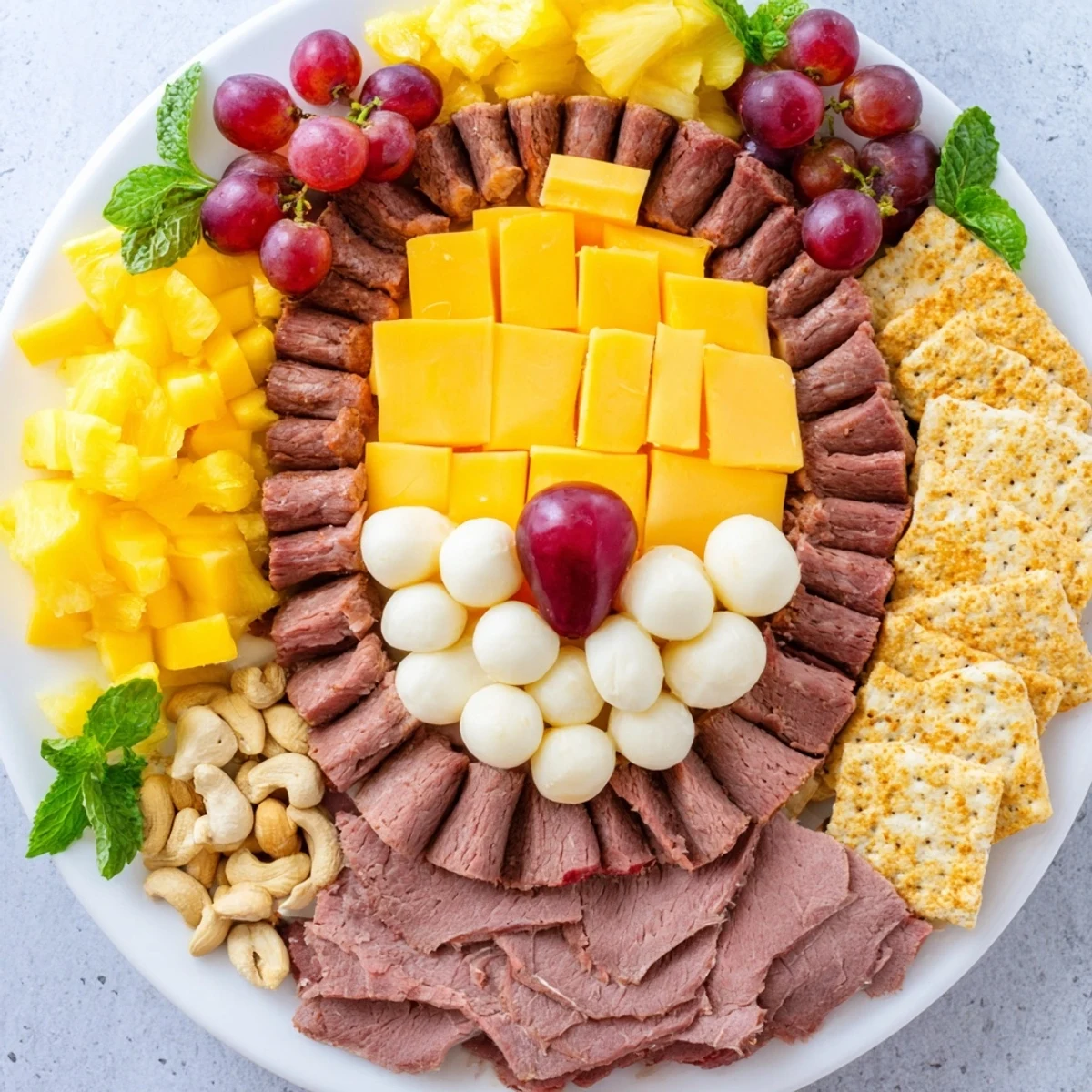 Artfully arranged Lion King savory meat and cheese board includes delicious roast beef, salami, and cheddar.