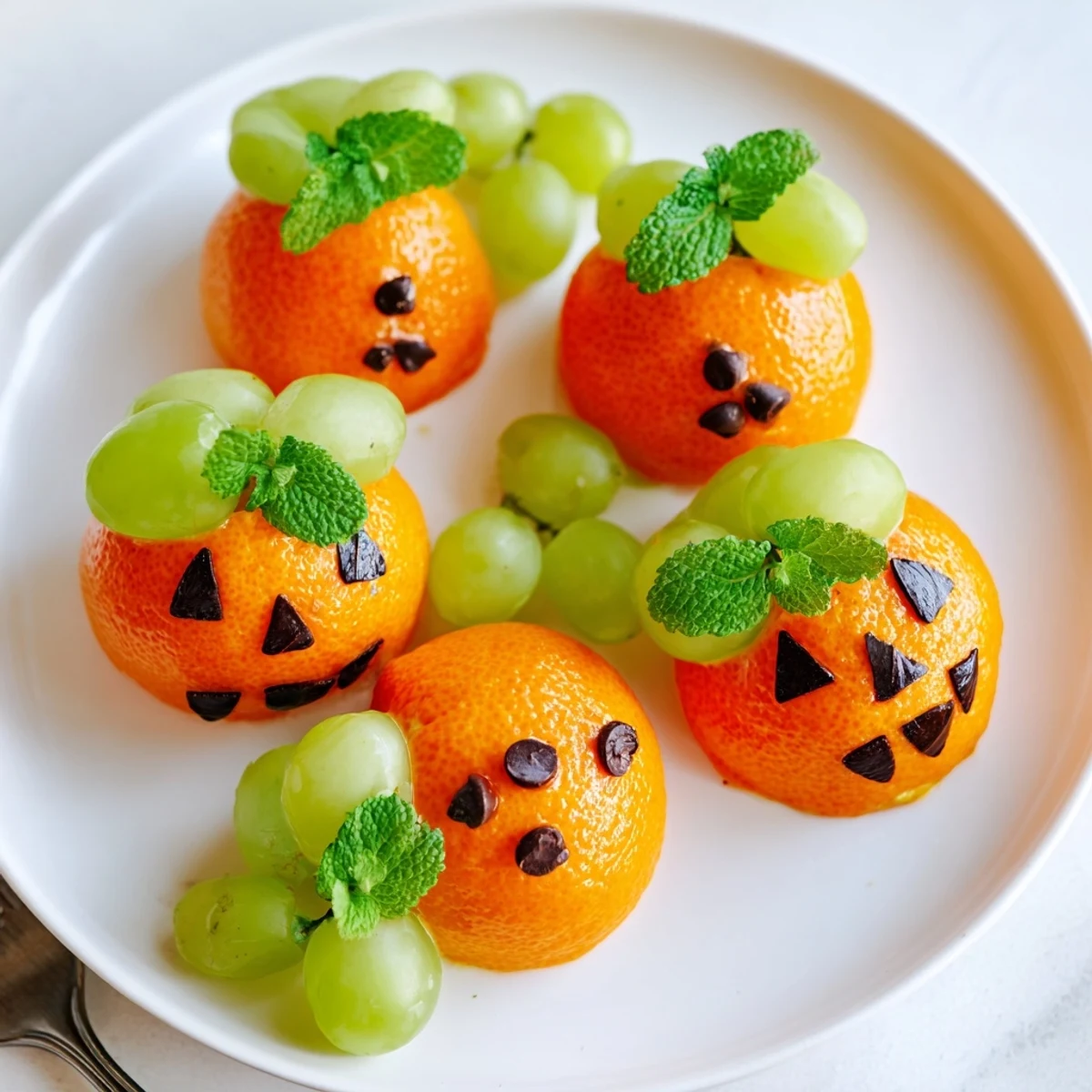 Vibrant orange slices arranged into a pumpkin patch, a healthy Halloween treat.