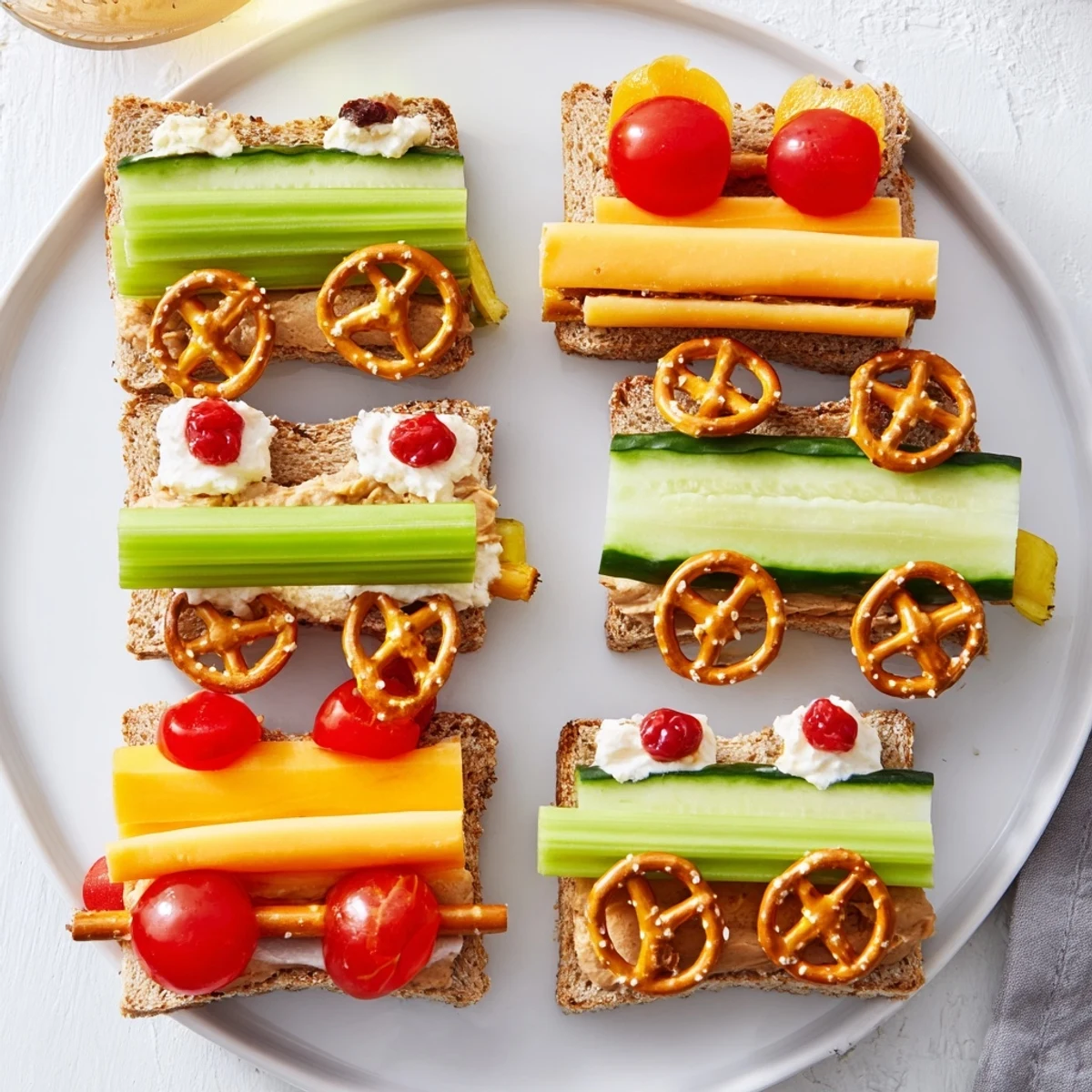 A colorful train track sandwich board, featuring varied sandwiches and fresh veggie decorations for the kids.