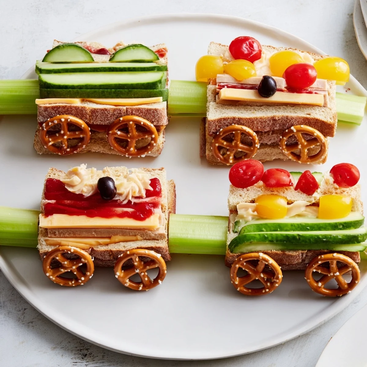 This playful train track sandwich board showcases delightful sandwiches on edible celery tracks, ready to eat!