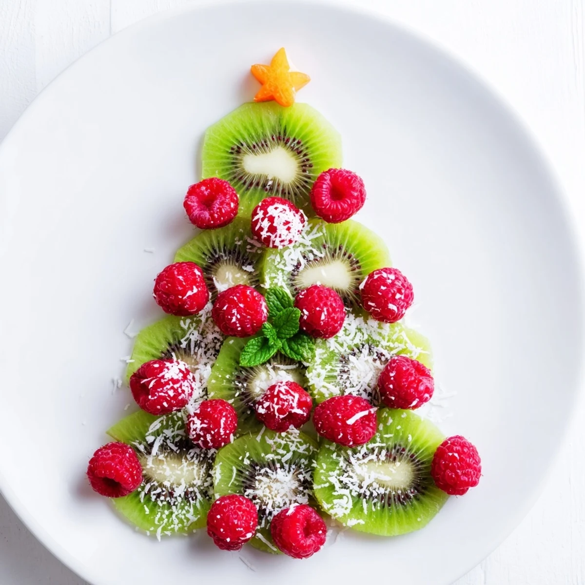 Vibrant arrangement: A delicious Kiwi and Raspberry Christmas Tree Fruit Plate ready to serve as a snack.