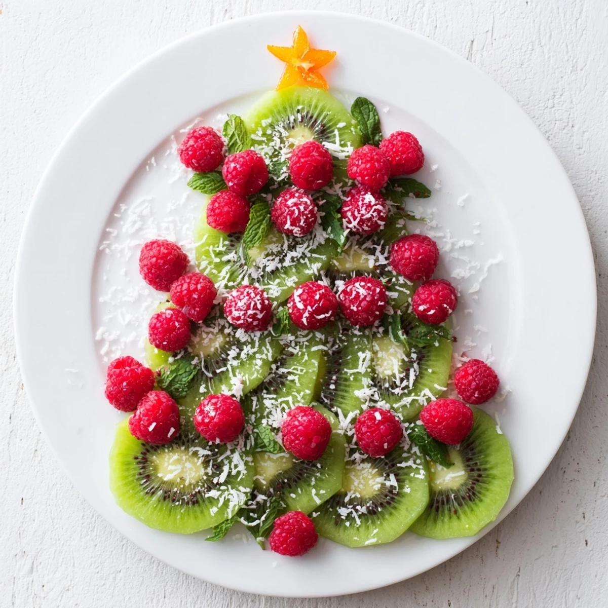 Enjoy the bright colors of this healthy Kiwi and Raspberry Christmas Tree Fruit Plate at your holiday gathering.