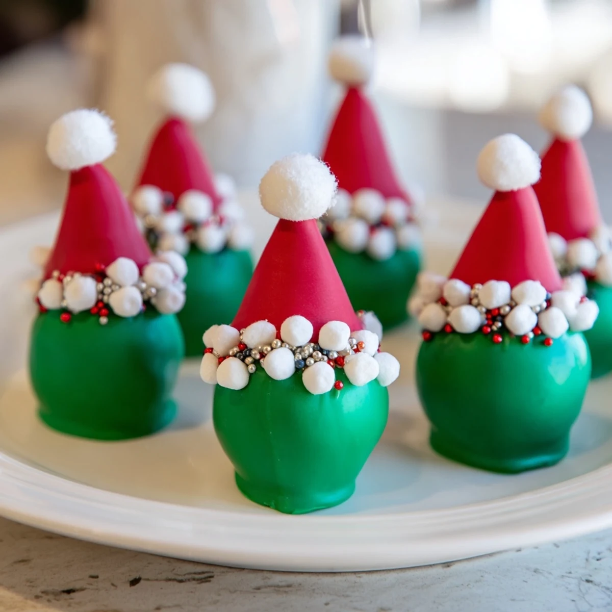 Showcasing the whimsical Elf Hat Chocolate Dipped Strawberries, perfectly crafted for festive celebrations.