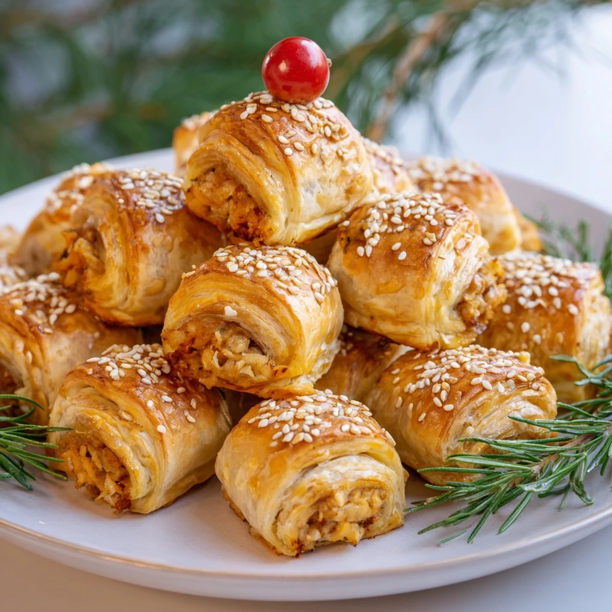 Golden flaky mini sausage rolls arranged in a festive Christmas tree shape for the holidays.