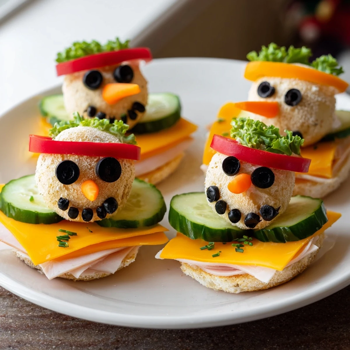 Snowman Mini Bagel Sandwiches featuring happy faces and colorful vegetable scarves perfect for a festive kid's lunch.