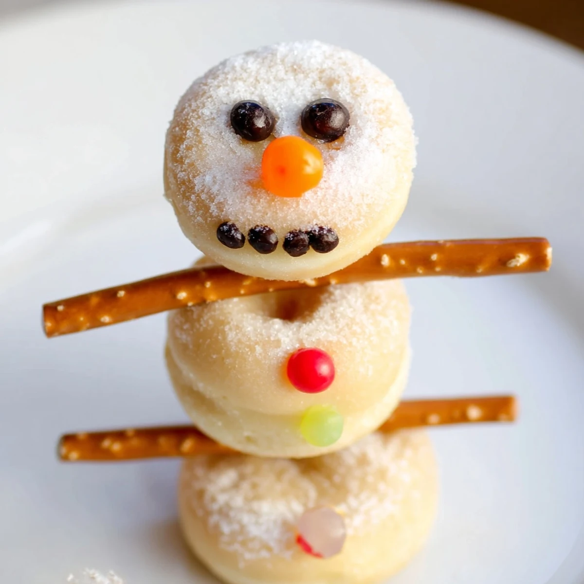 Homemade mini donut snowman skewers, a festive dessert with pretzel arms, great for kids.
