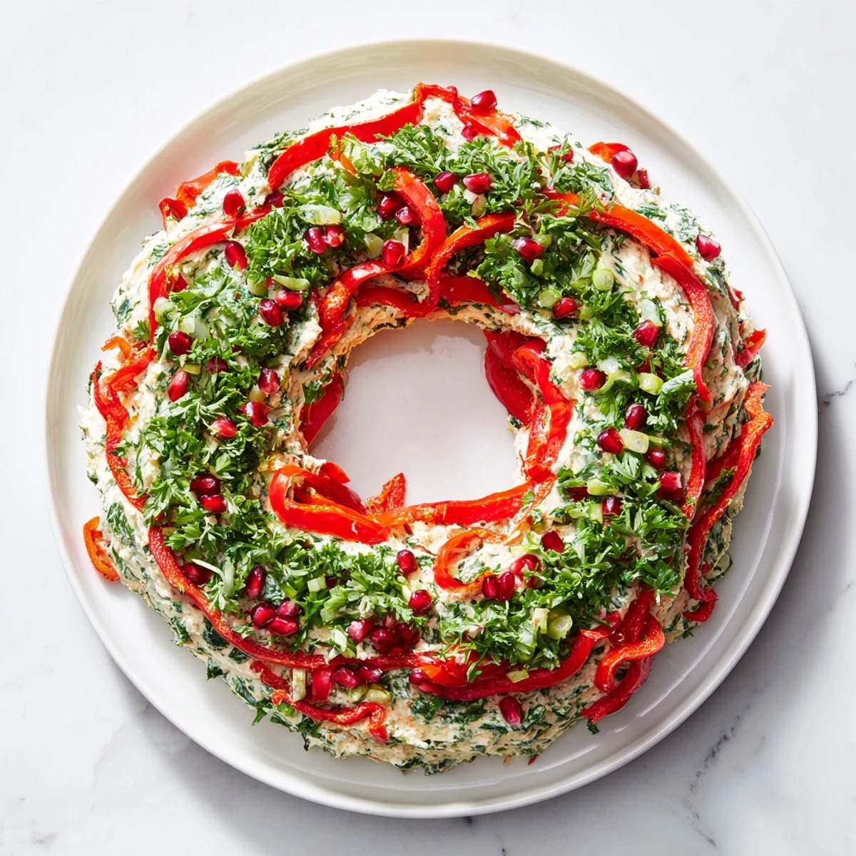 Homemade Red Pepper and Spinach Dip Wreath, a delicious appetizer perfect for holiday entertaining, served with crackers.