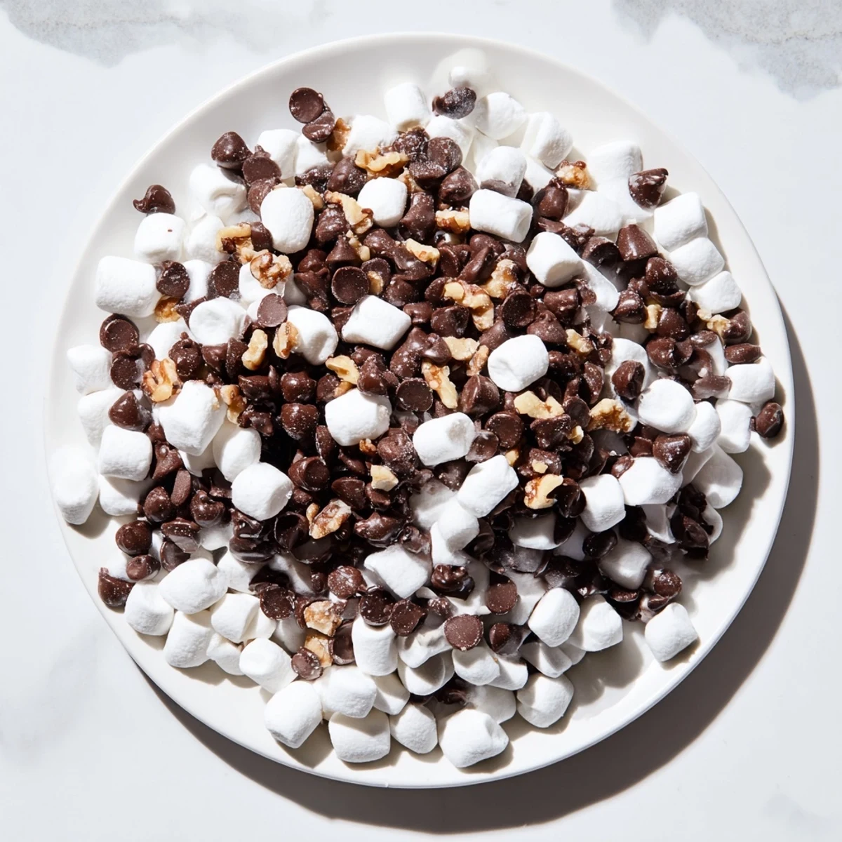 Quick dessert: a close-up shows melted chocolate chips mingling with puffy mini marshmallows in a bowl.