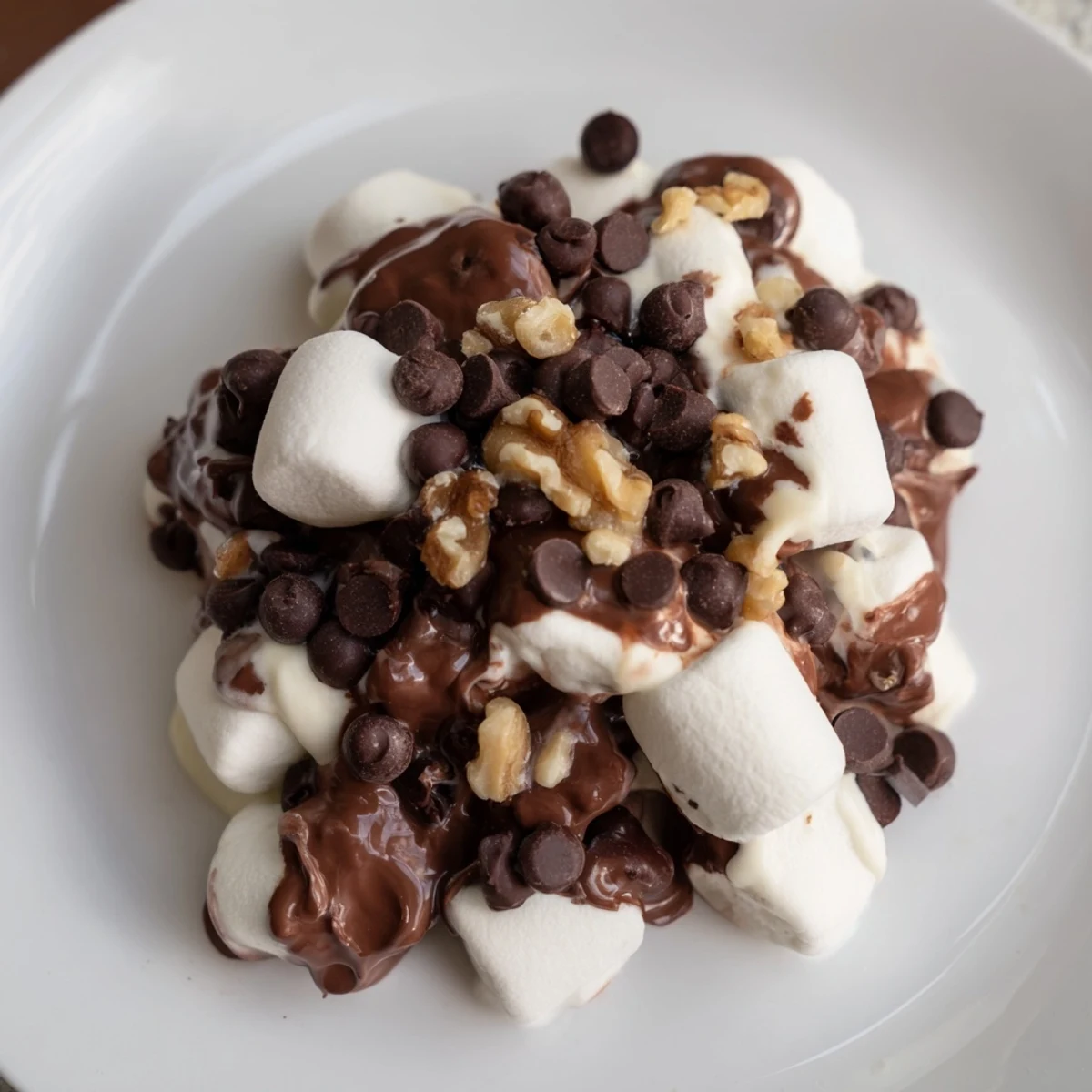 A vibrant photo of a simple and sweet chocolate chips and mini marshmallows heap: a family favorite dessert.