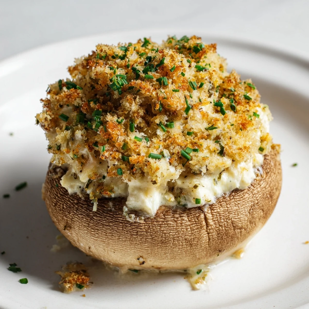Golden-brown Stuffed Mushroom Caps arranged in a delicious ring with savory cheese filling.