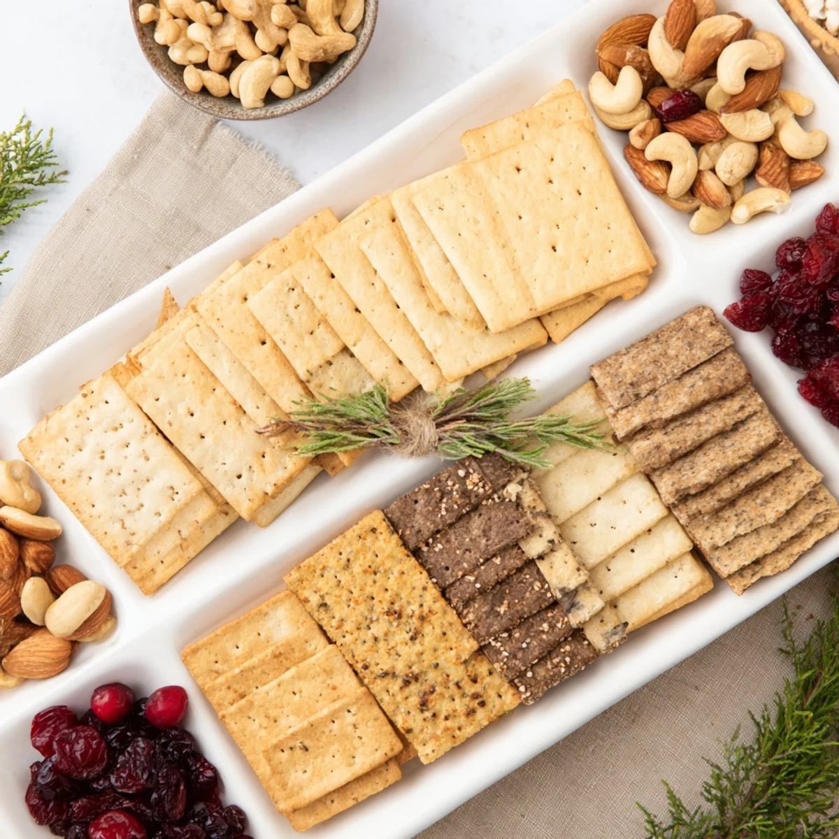 A vibrant holiday cracker platter with assorted crackers, ideal for easy entertaining and cheese boards.