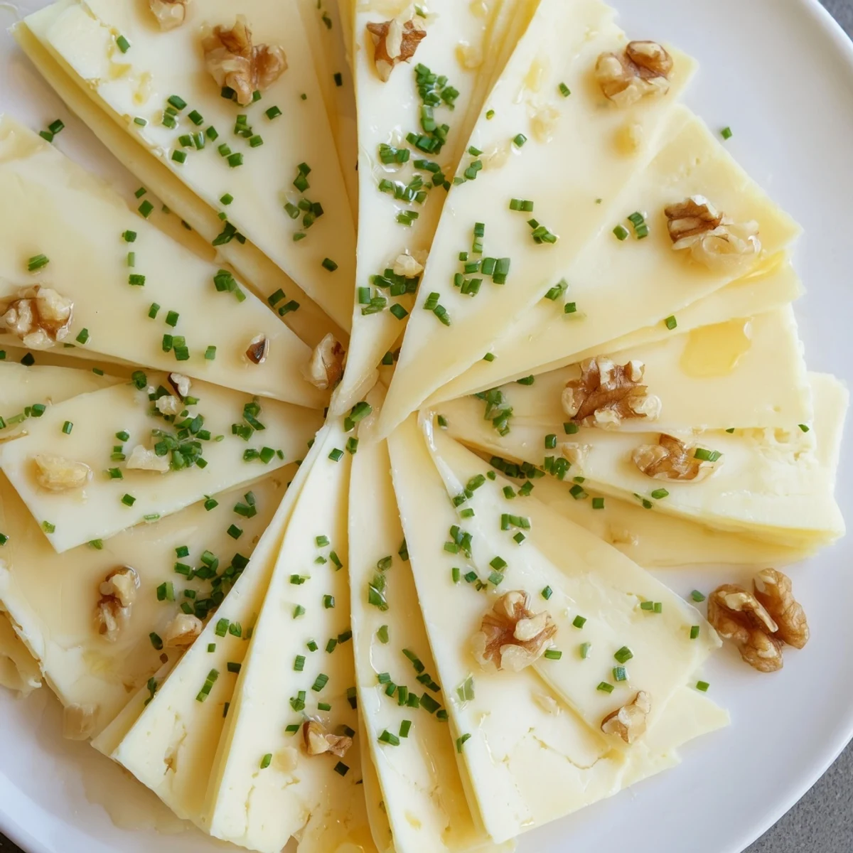 Delicate honey drizzle on a fan of Swiss cheese slices, ready to be enjoyed as a simple starter.