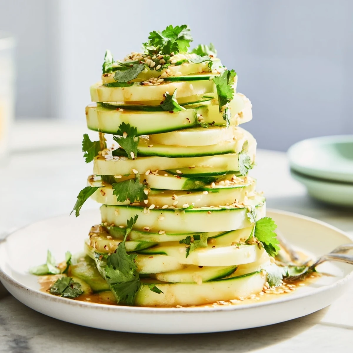 A vibrant stack of Jicama and Cucumber Slices, drizzled with a zesty lime chili dressing.