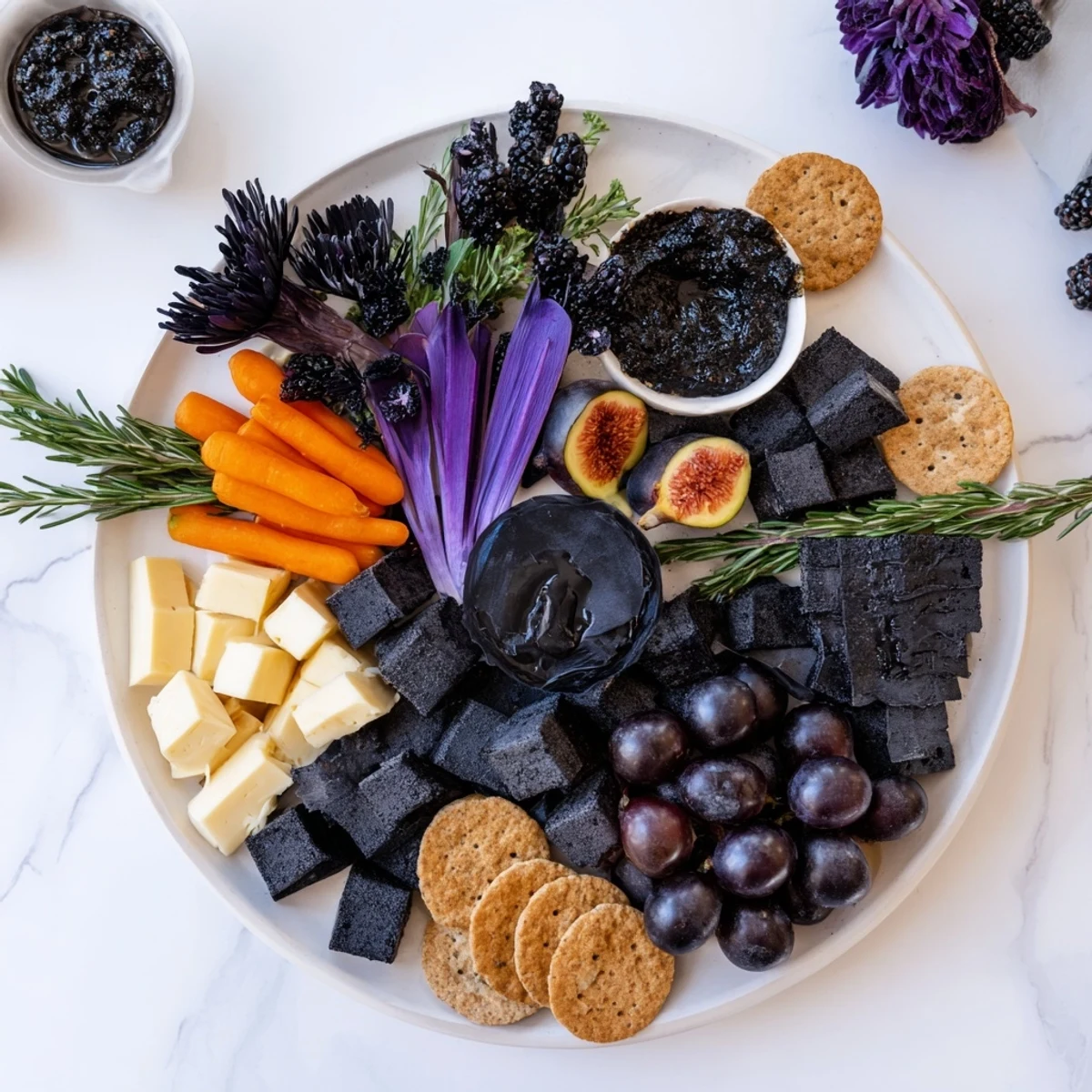 Delicious and festive Halloween Charcuterie Board boasts a ghostly shape with dark cheeses and crackers.