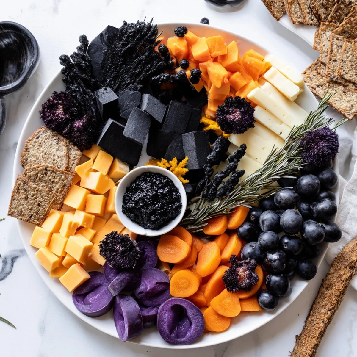 This Ghostly Outline Halloween Charcuterie Board features an arrangement of savory delights, perfect for a party.