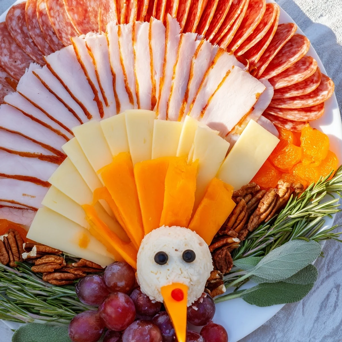 Savory Turkey Tail Fan charcuterie board arranged with meats, cheeses, and colorful garnishes for a Thanksgiving appetizer.