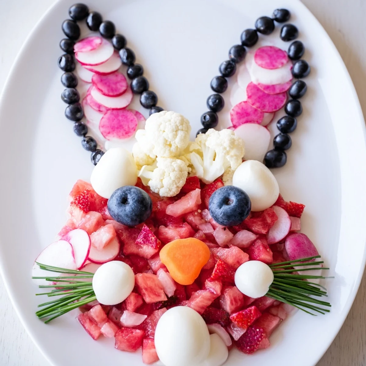 Bunny Silhouette appetizer shows fresh strawberries and mozzarella forming a cute Easter bunny platter.