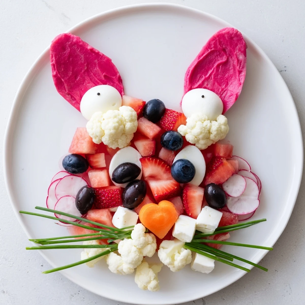 Festive Bunny Silhouette appetizer featuring vibrant pink and white ingredients, perfect for a spring gathering.