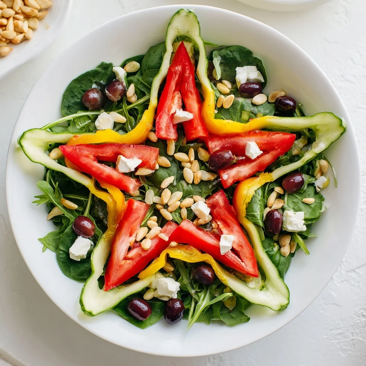 Star of David Salad Platter bursting with colorful veggies, feta cheese, and olives artfully arranged.