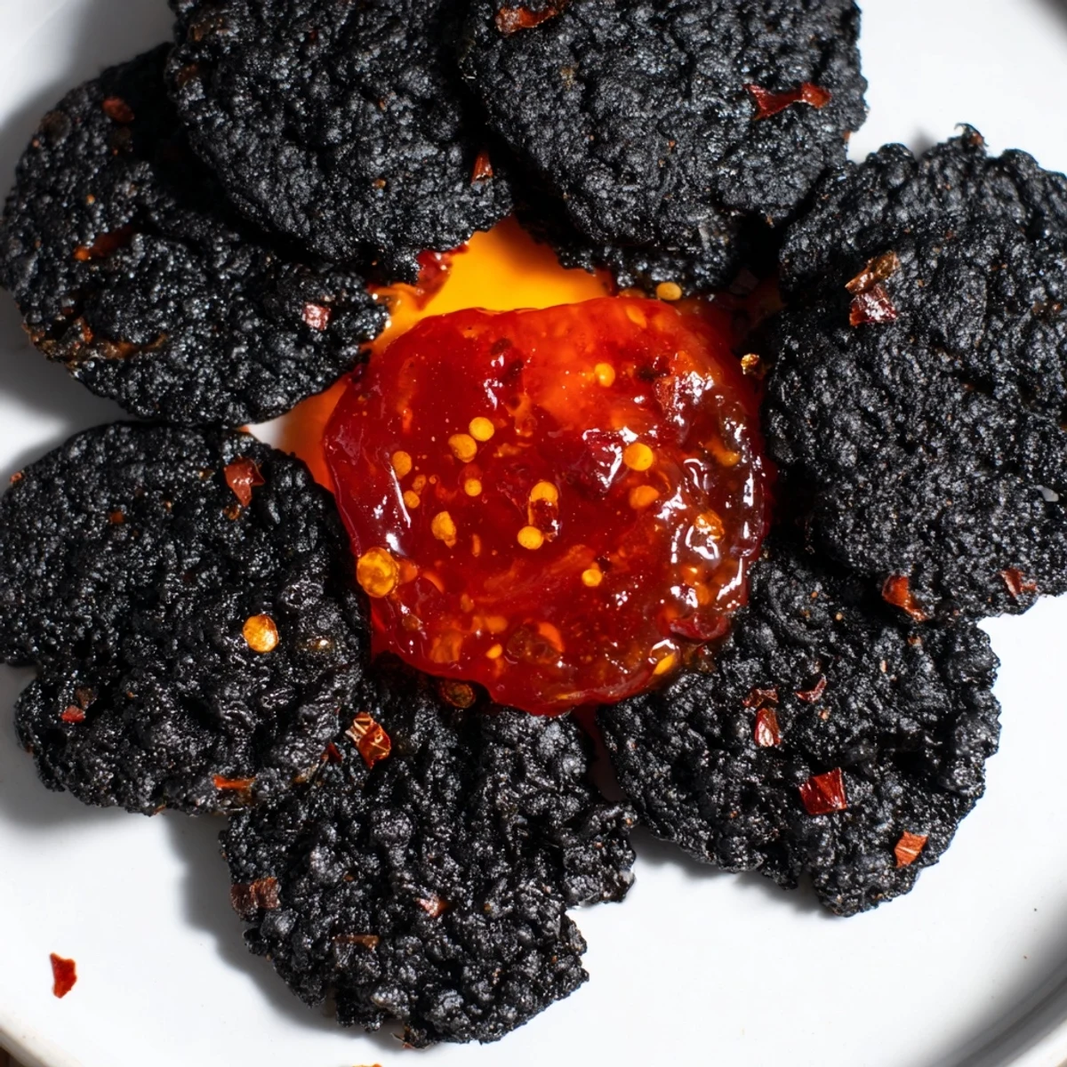 Crisp, black crackers form a ring around a vibrant, spicy red jelly "Volcanic Flow" appetizer.