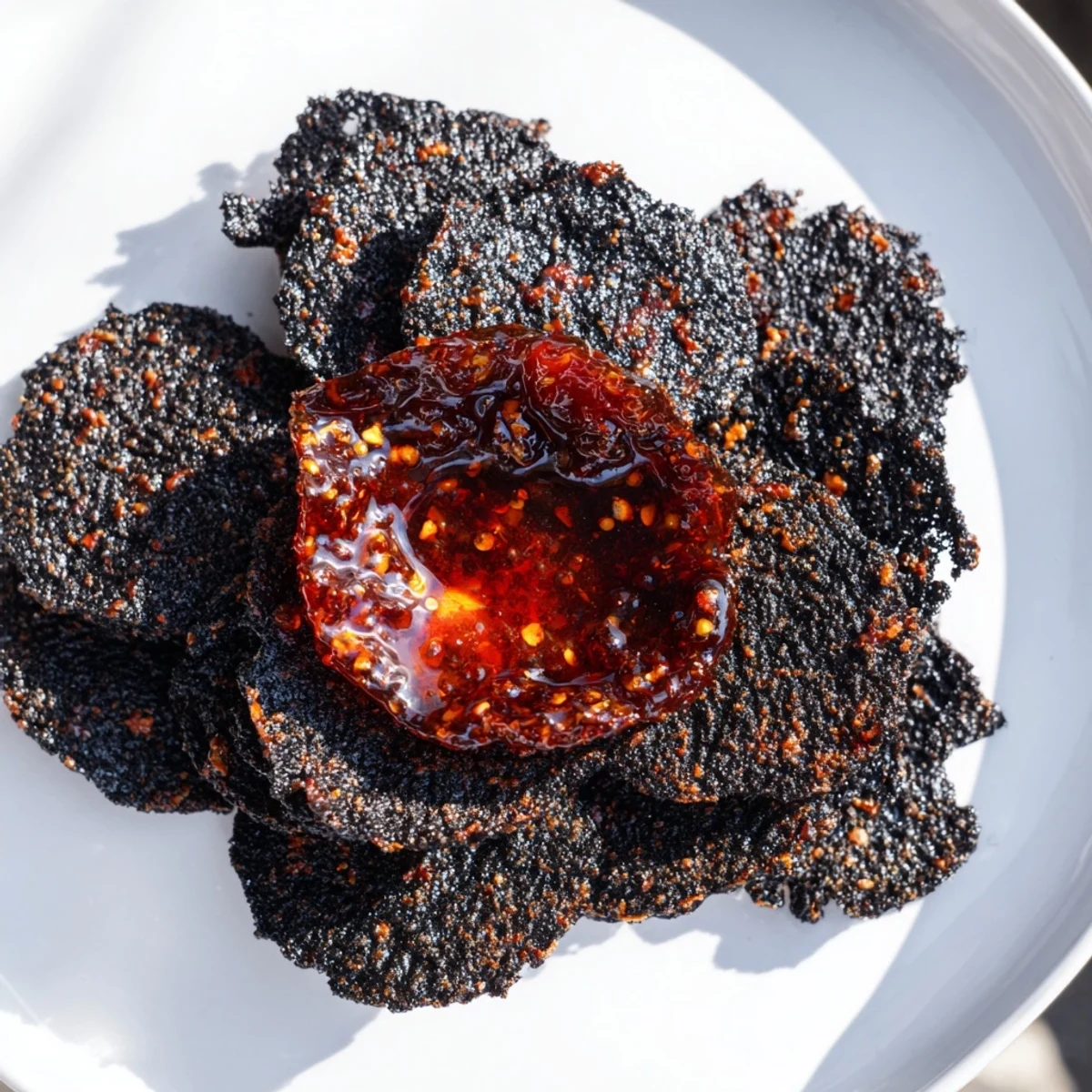 Enjoy the dramatic presentation of the "Volcanic Flow," featuring a fiery red jelly dip surrounded by black crackers.