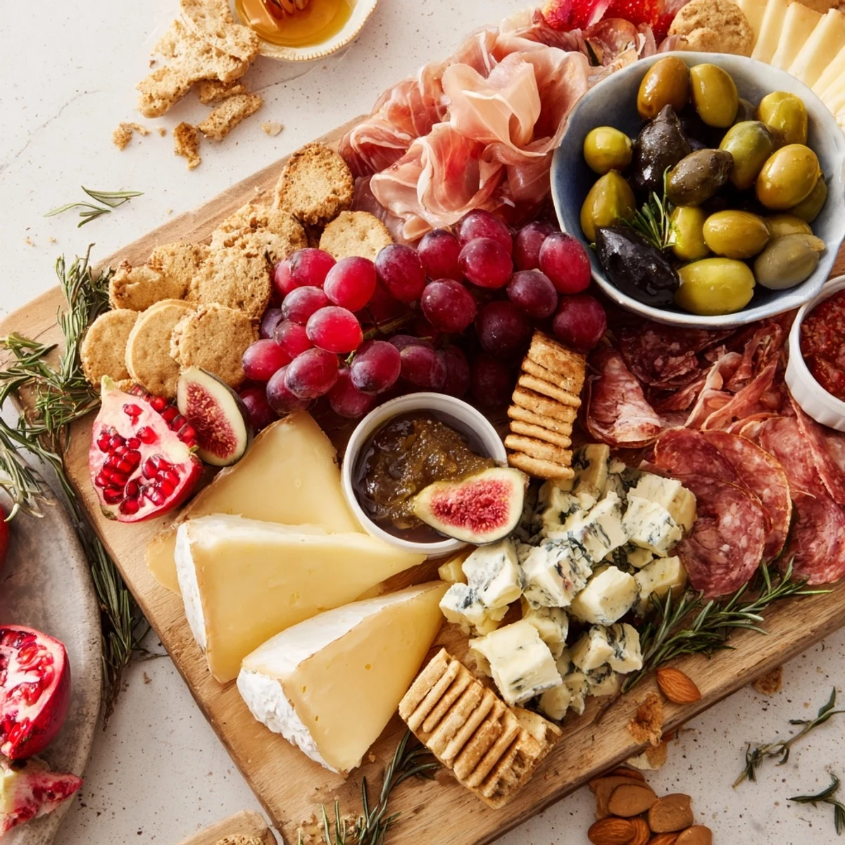 A beautifully arranged "The Final Curtain" grazing board, spilling with cheeses and fresh fruits for serving.