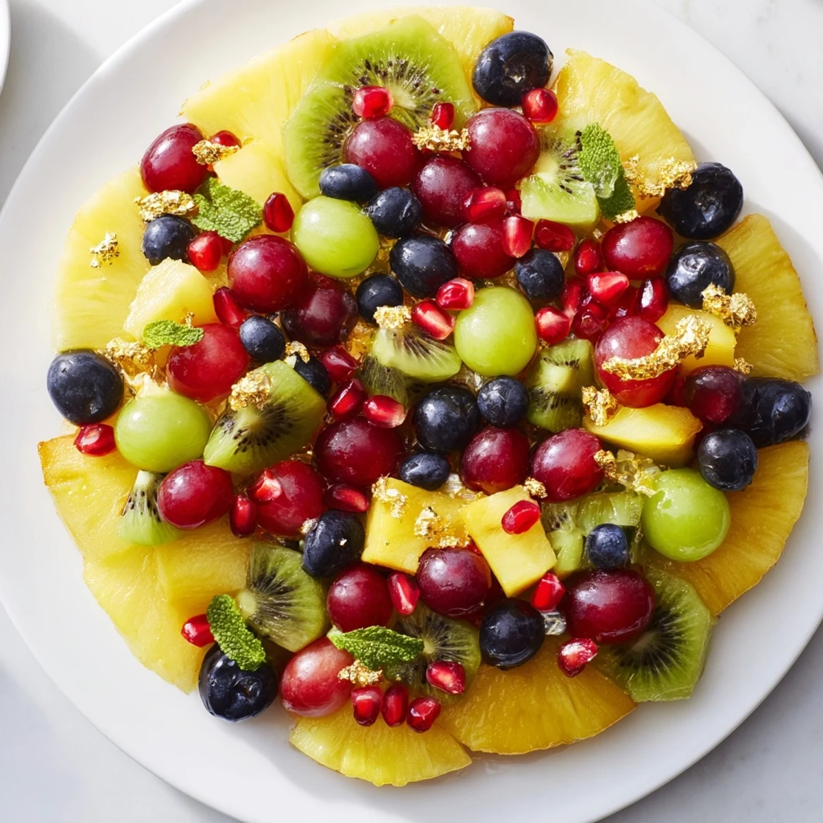 Freshly arranged Three Kings Royal Fruit Platter with vivid colors and a zesty honey-lime dressing.