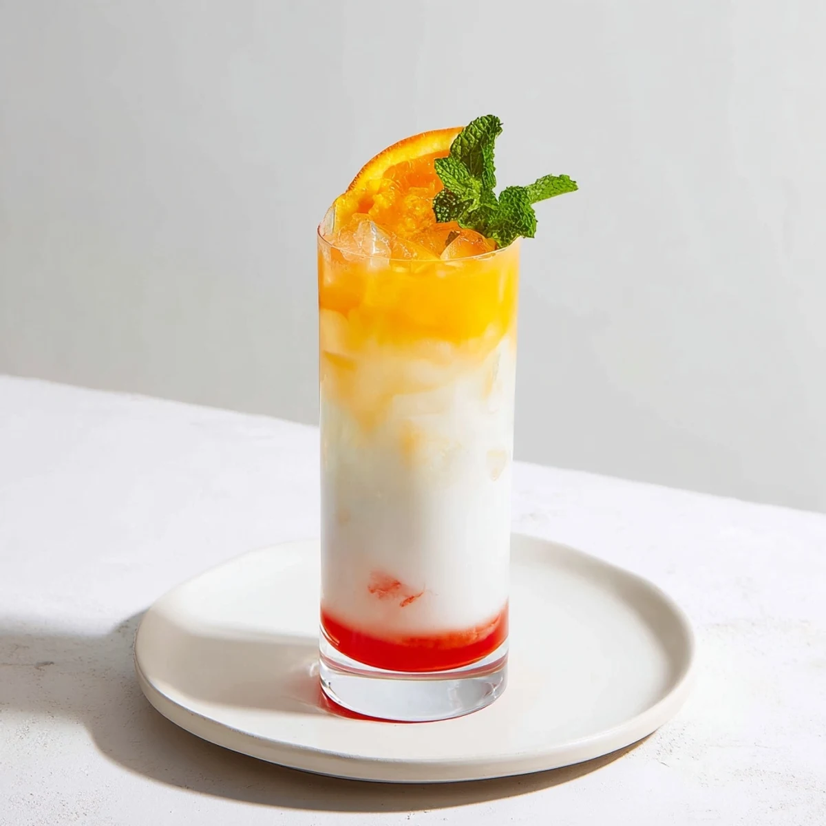 See the bright red layers of the Alpine Sunrise, a beautiful non-alcoholic brunch beverage.
