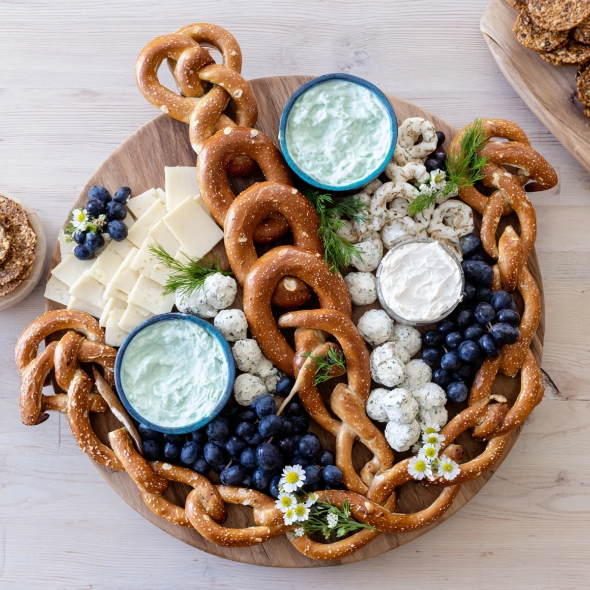 Artfully arranged Anchor Maritime Board filled with a variety of cheeses and crackers.