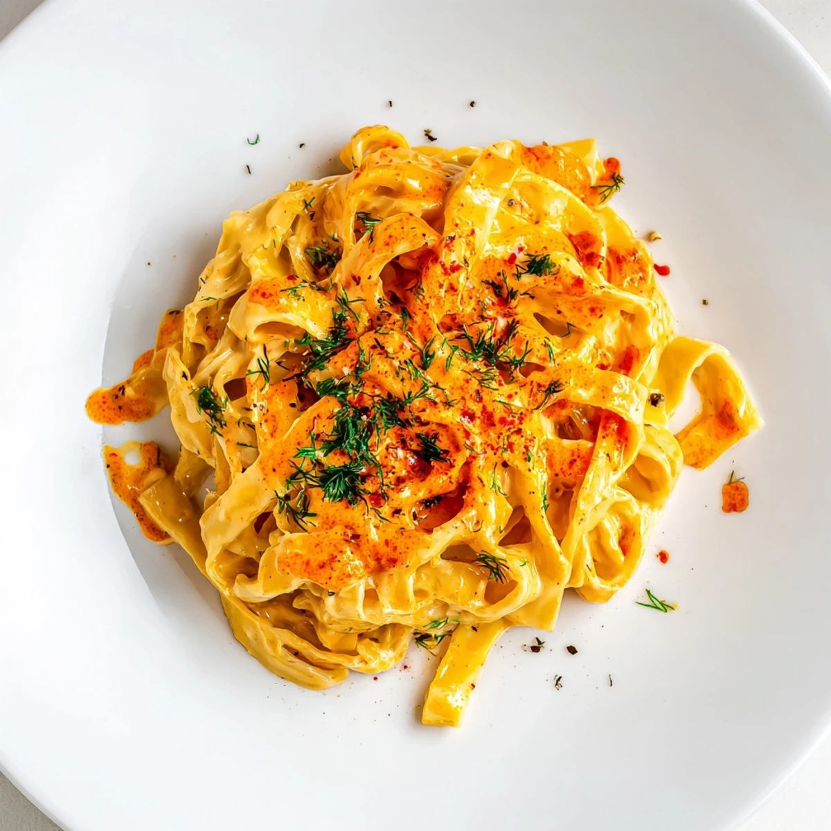 Steaming Turkish pasta with paprika butter, garnished with fresh herbs and a vibrant chili-infused drizzle.