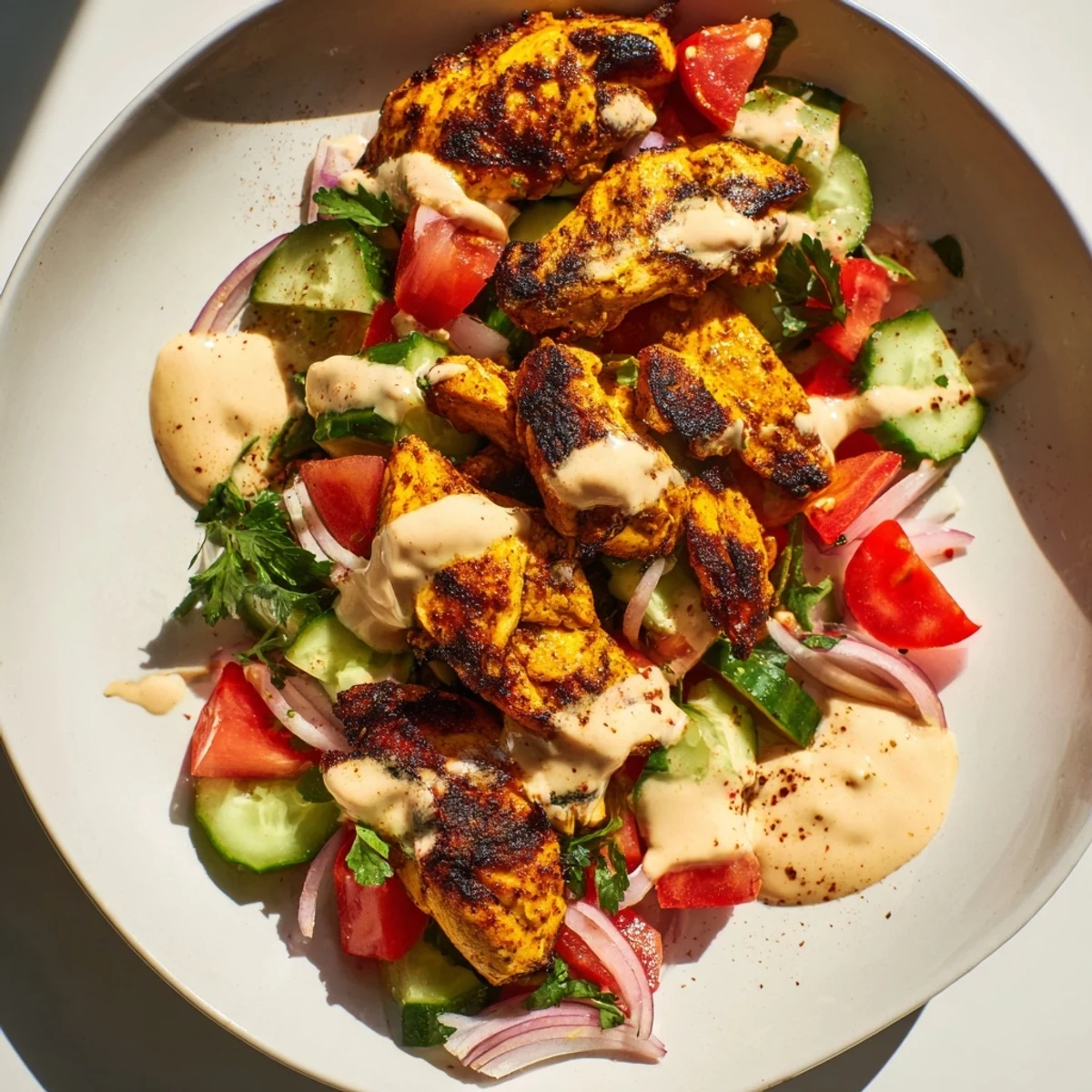 Juicy Chicken Shawarma Salad with tahini dressing, a vividly plated Middle Eastern feast.