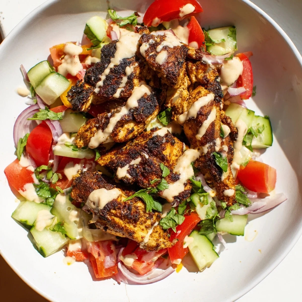 Sliced chicken shawarma nestled on a colorful salad, drizzled with creamy tahini dressing, ready to eat.