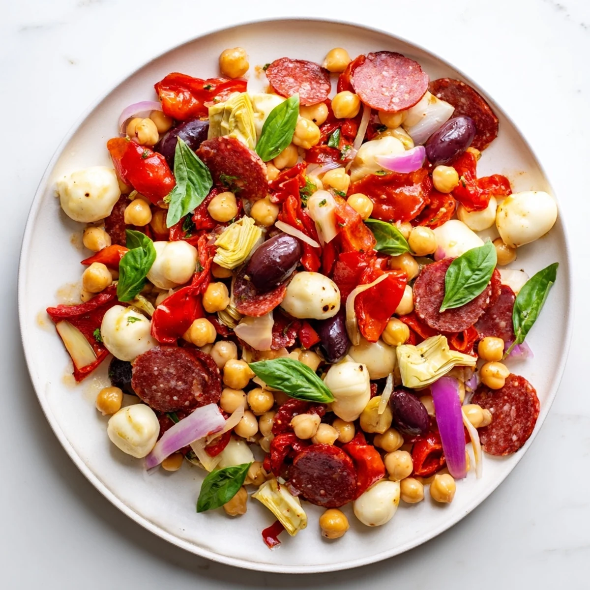 Vibrant Antipasto Chickpea Salad overflowing with colorful veggies and mozzarella, perfect for lunch.