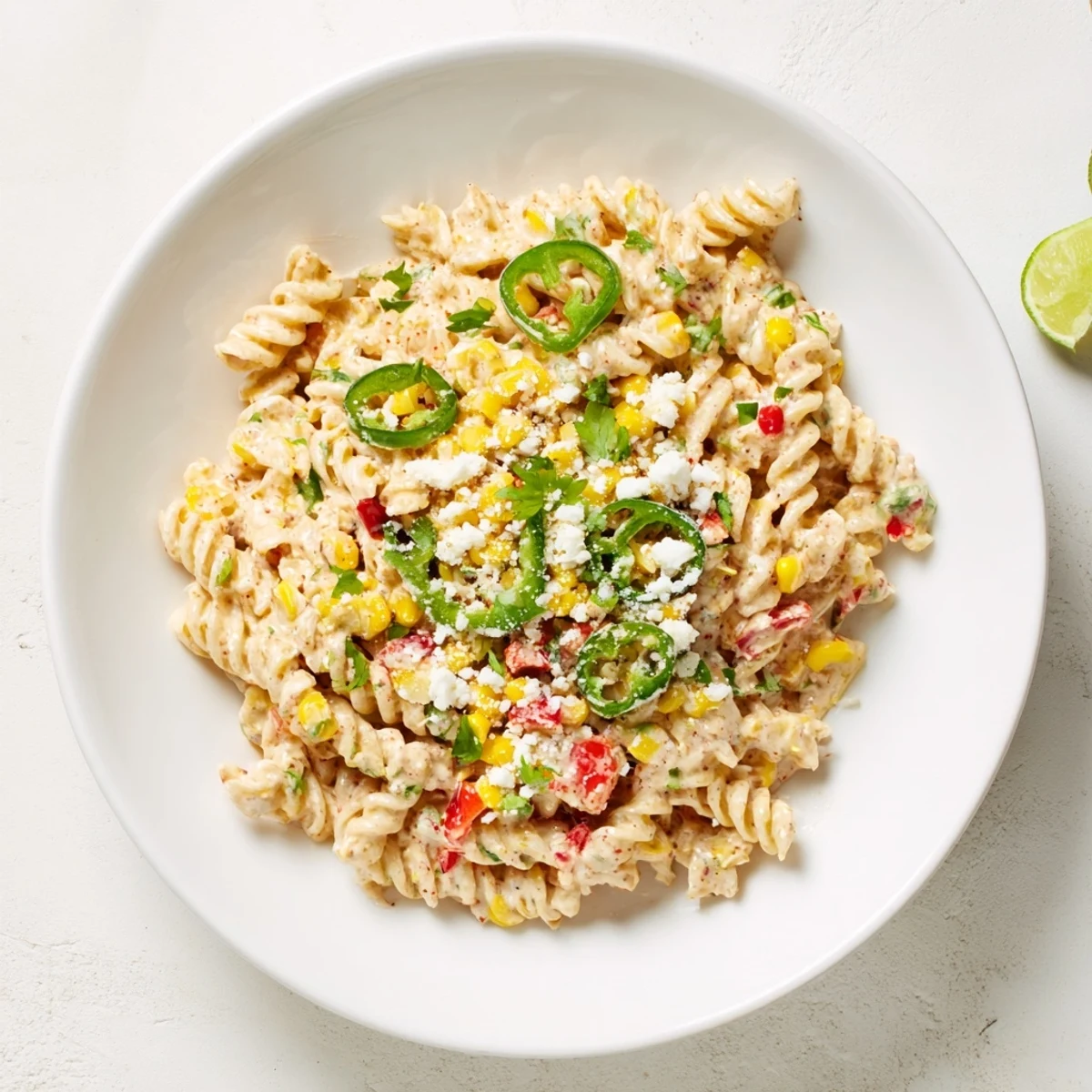 Creamy One-Pot Mexican Street Corn Pasta, with charred corn and crumbled cotija, ready to serve.